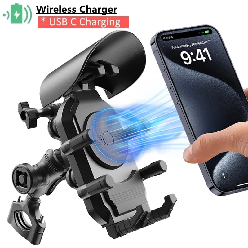 Motorcycle Phone Holder 15W Wireless Charger & 18W USB 30W Type C Fast Charging Motorbike Bicycle Bike Scooter Stand