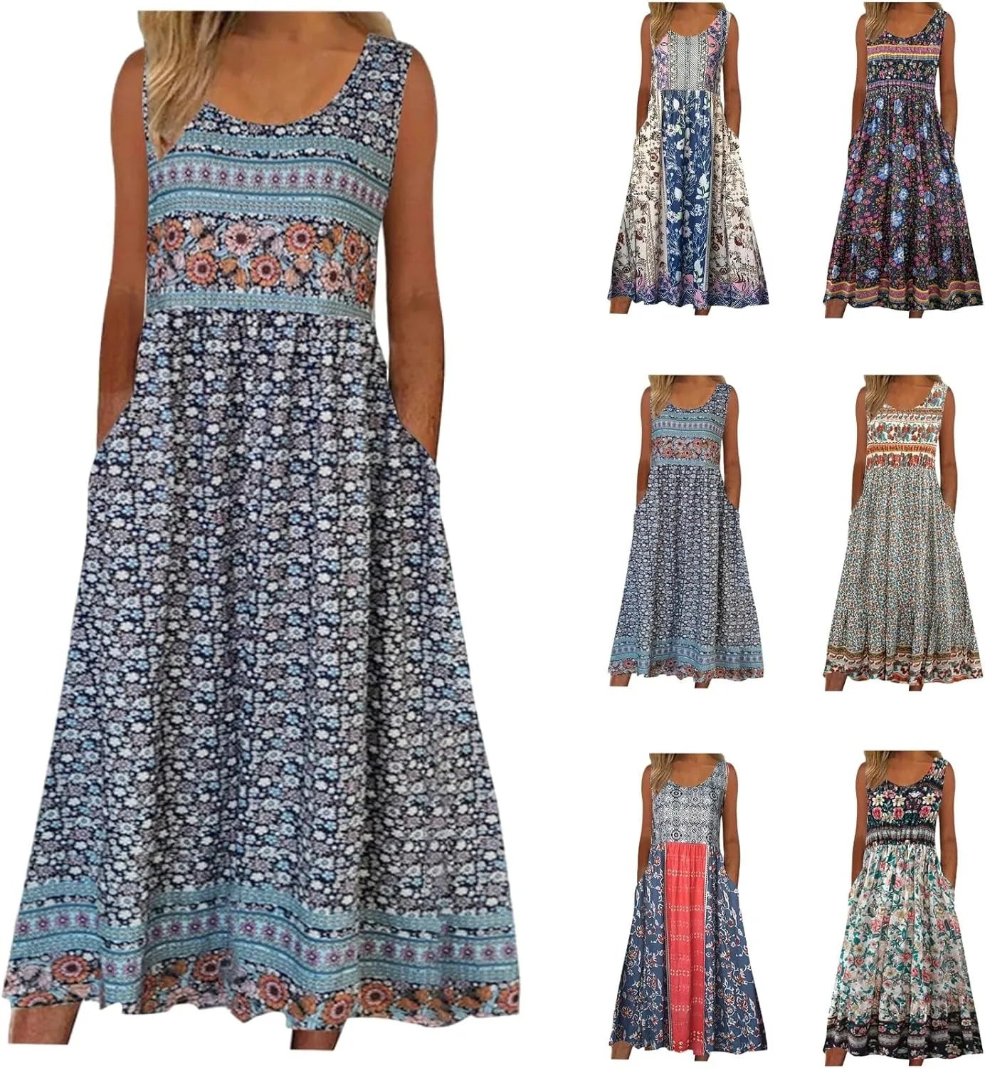 summer new! Women's sleeveless Bohemian floral casual beach MIDI sundress with pockets flowing and loose