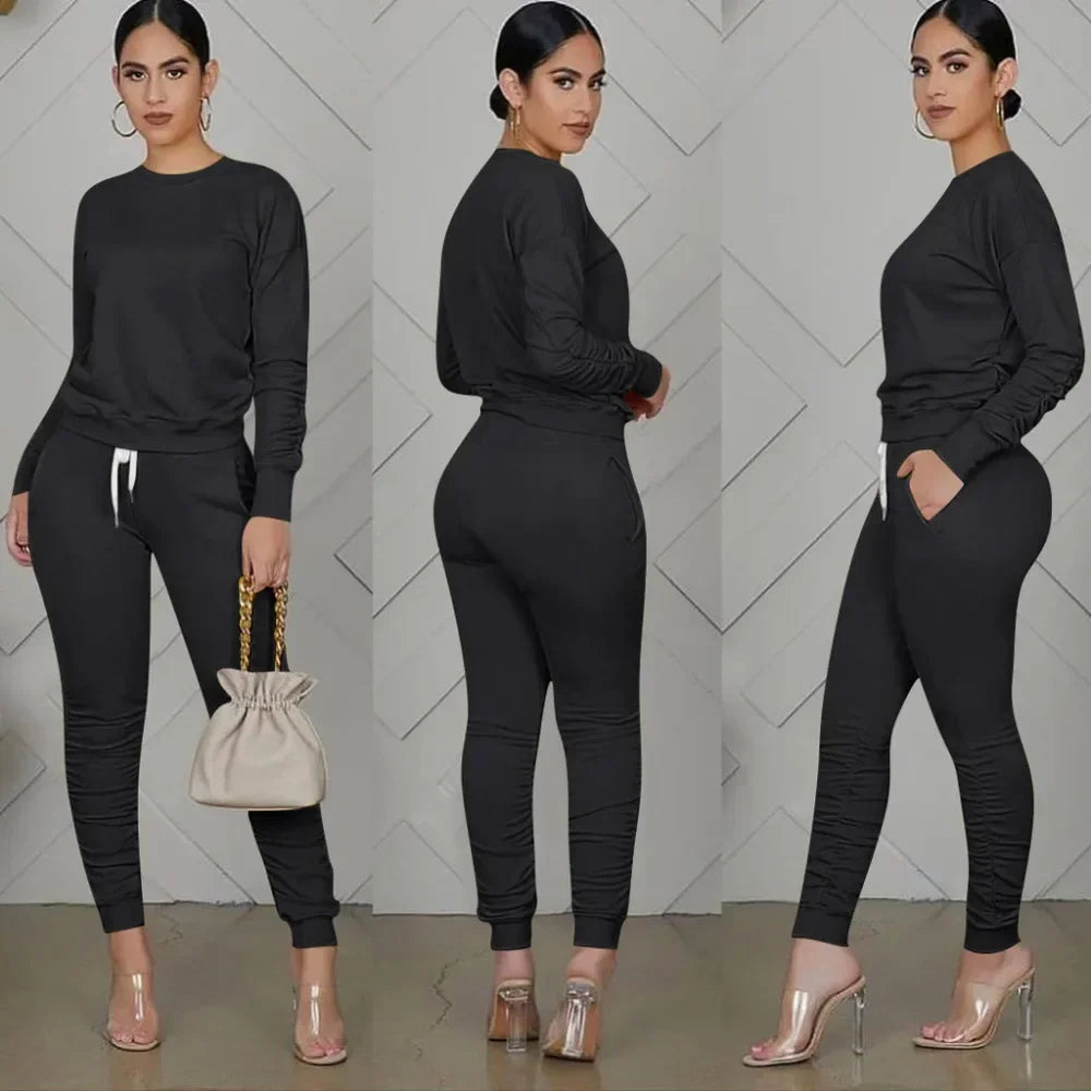 Women’s Slim Fit Long Sleeve Two Piece Set – Casual Warm Top & Elastic Waist Pants Outfit