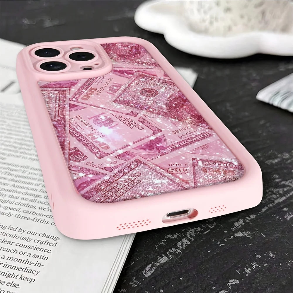 Pink Dollars Full-Coverage Banknote Design Silicone Phone Case For iPhone 17AIR 16 15 14 13 12 11PROMAX Cover
