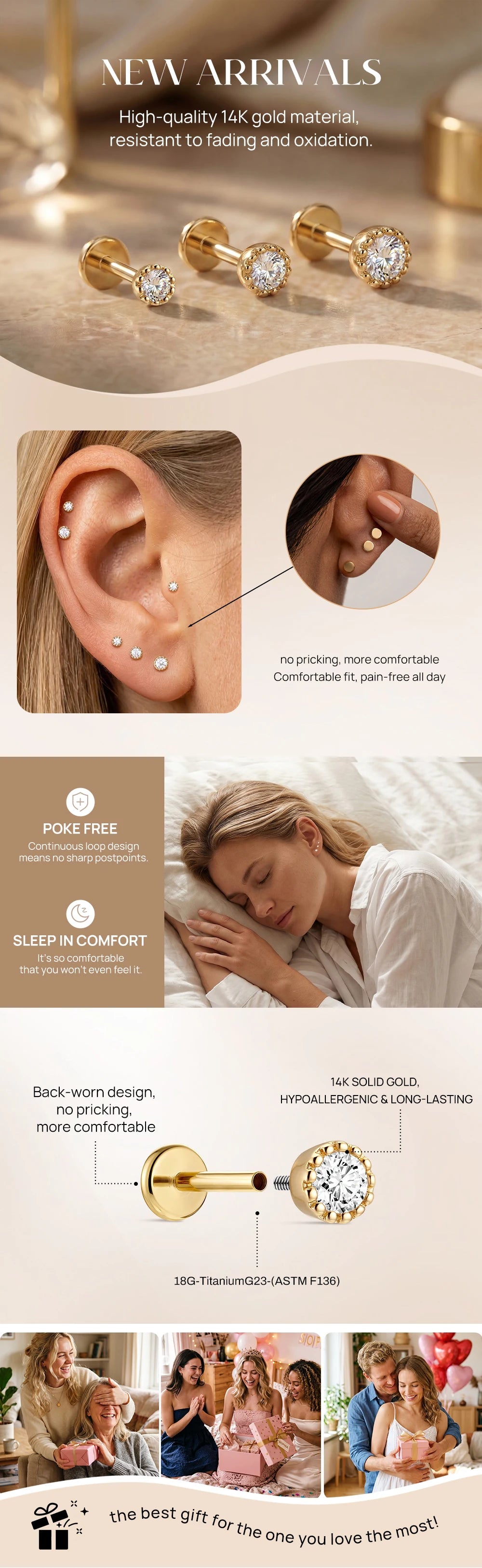 CANNER 1PC 2/2.5/3mm G23 Titanium 14K Solid Gold CZ Piercing Flat Back Stud Earring Women Hypoallergenic Classic Ear Bone Gift