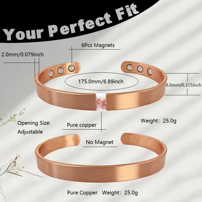 Fashion Pure Copper Magnetic Bracelet for Women Men Cuff Adjustable Size Bangles Arthritis Health Solid Copper Jewelry