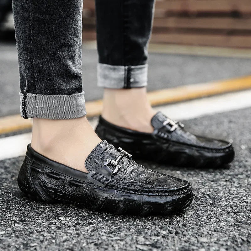 Men Casual Shoes Genuine Leather Crocodile Style Luxury Brand Mens Loafers Moccasins Slip on Black Driving Shoes Plus Size 38-47