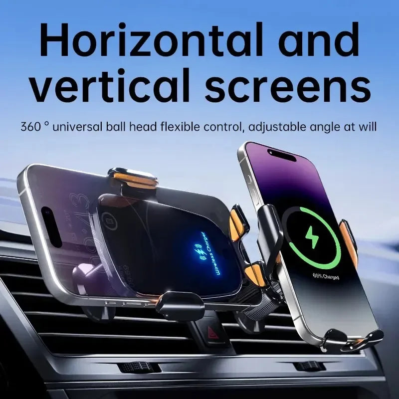 Fast Charge Wireless Car Charger with Manual Clamping Air Vent Mount for Samsung Android & iPhone 16 15 14 13 - Type C Qi Certified