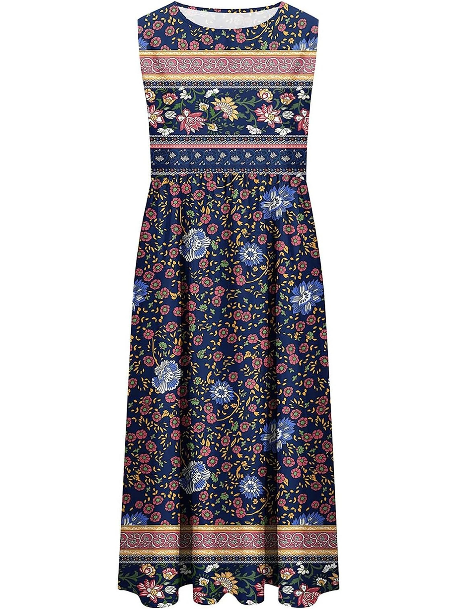 summer new! Women's sleeveless Bohemian floral casual beach MIDI sundress with pockets flowing and loose