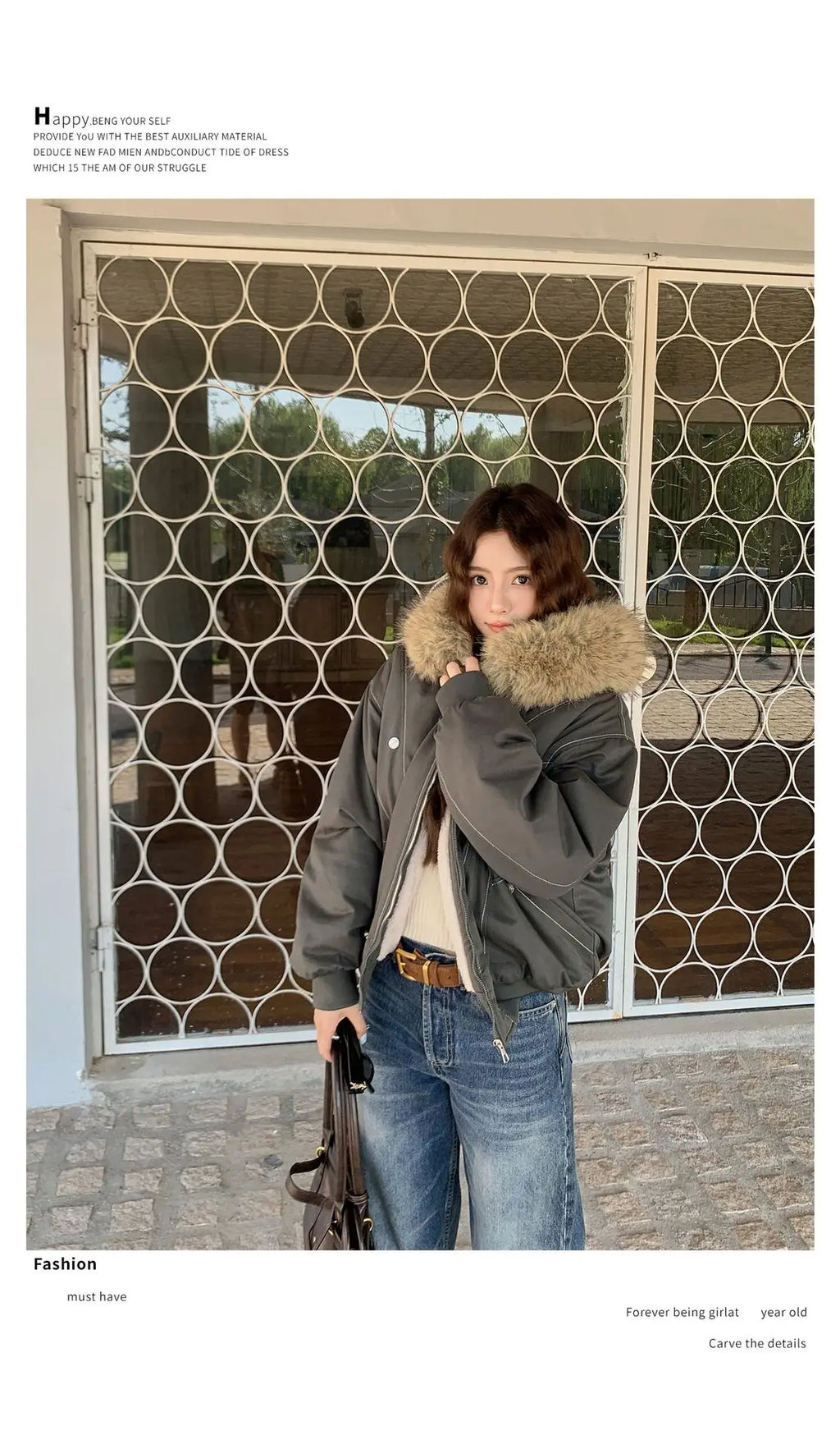 Women Short Parkas Coat Solid Jacket Big Fur Collar Hooded Zipper Pocket Long Sleeve Loose Casual Office Lady 2025 Autumn Winter