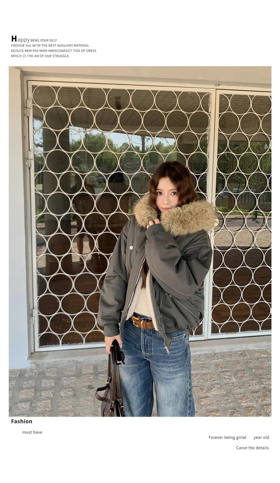 Women Short Parkas Coat Solid Jacket Big Fur Collar Hooded Zipper Pocket Long Sleeve Loose Casual Office Lady 2025 Autumn Winter