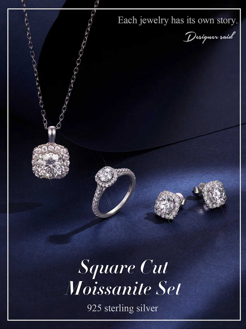 Necklace Stud Earrings 925 Sterling Silver Square Cut Diamond Wedding Engagement Jewelry Set