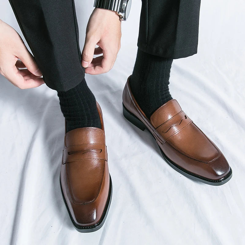 Fashion Penny Loafers Leather Men Shoes Simple Pointed Toe Slip On Dress Business Suit Casual Party Wedding Shoes For Man Brown