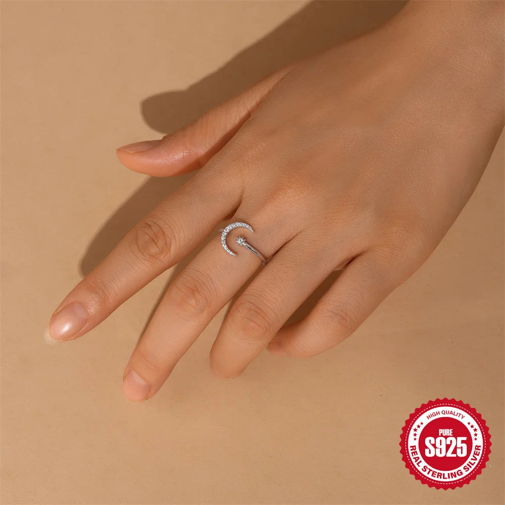 CANNER Moissanite Eight-pointed Star Moon Open Wedding Band Ring Women 925 Sterling Silver Sparkling Eternity Engagement Ring