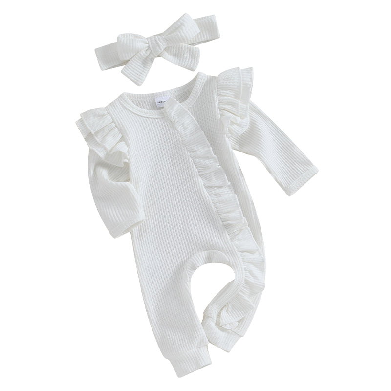 Infant Baby Girl Autumn Jumpsuit Solid Color Round Neck Flying Sleeve Ruffled Zipper Romper with Bow Headband 0-12M
