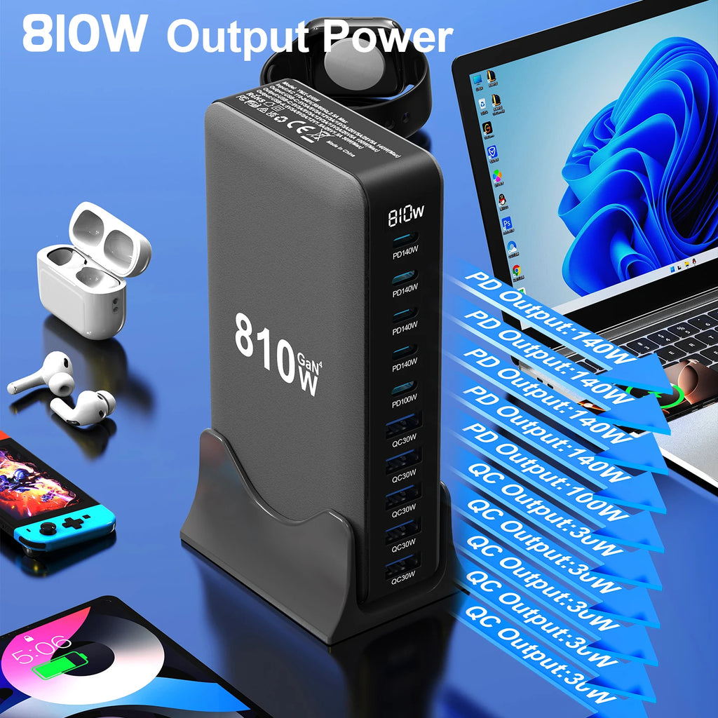810W GaN Charger USB C Fast Desktop 10-port USB Type C PD3.1 Charger Fast Charging for iPhone Samsung Xiaomi Macbook