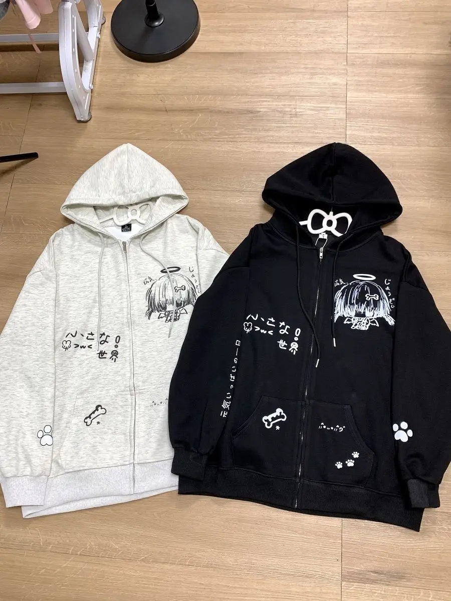 Autumn Japanese Kawaii Cute y2k Aesthetics Patchwork Sweatshirt women Cartoon Anime Print Harajuku Retro Streetwear Jacket Tops
