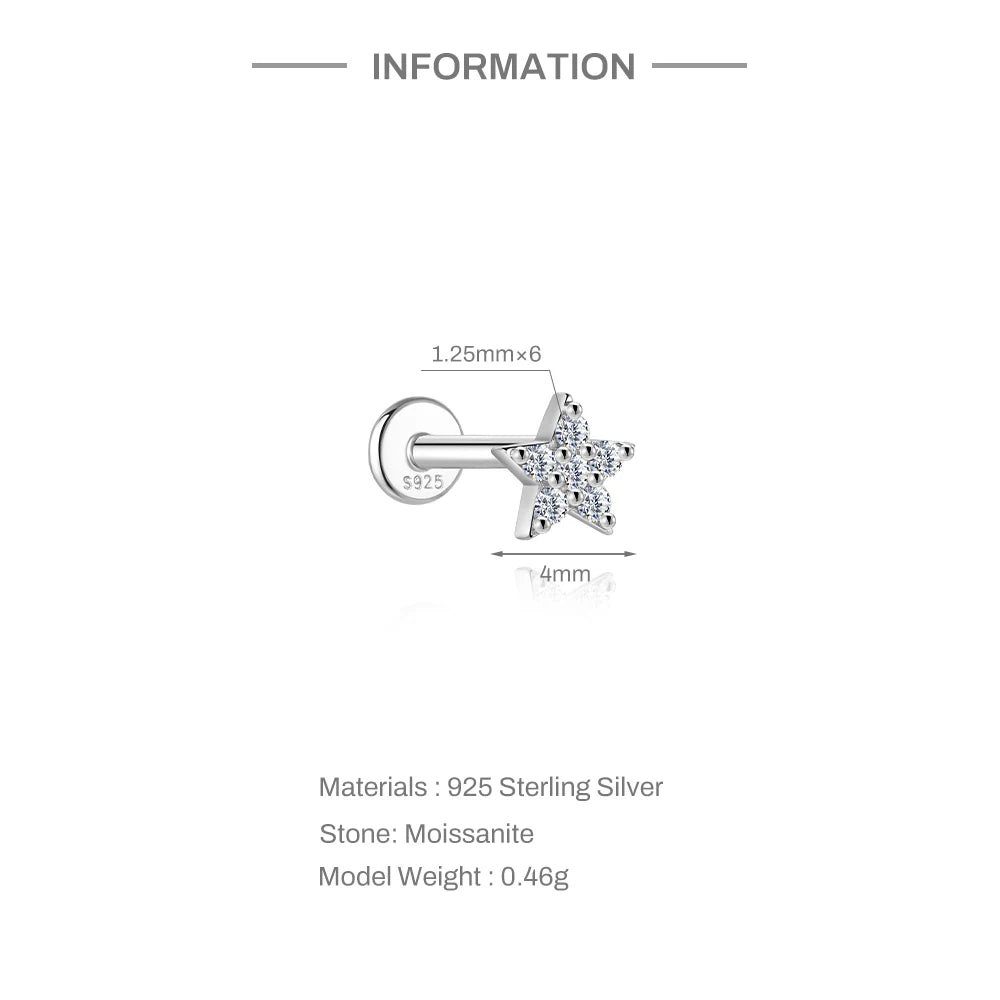 CANNER 1PC Flower Moissanite 925 Sterling Silver Piercing Ear Stud For Women Love Eight-pointed star Stud Earrings Fine Jewelry