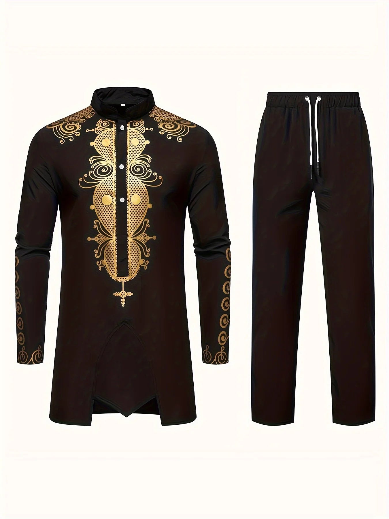 Men’s Traditional Dashiki Suit Set – 2 Piece Long Sleeve Top and Pants