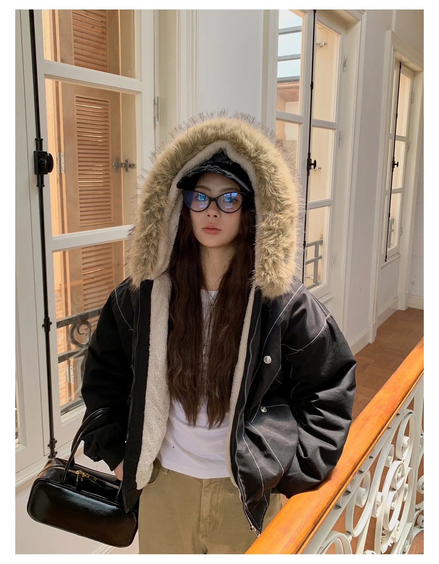 Women Short Parkas Coat Solid Jacket Big Fur Collar Hooded Zipper Pocket Long Sleeve Loose Casual Office Lady 2025 Autumn Winter