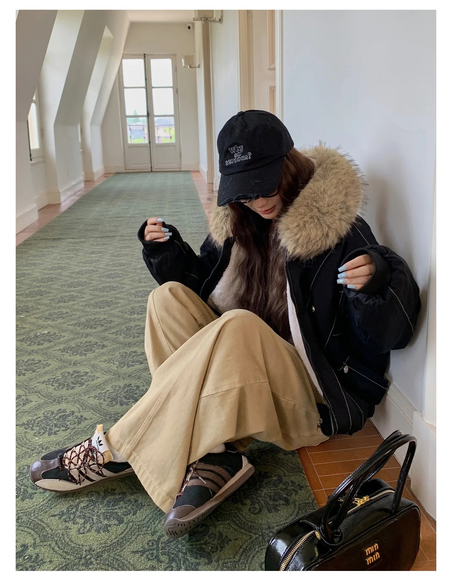 Women Short Parkas Coat Solid Jacket Big Fur Collar Hooded Zipper Pocket Long Sleeve Loose Casual Office Lady 2025 Autumn Winter