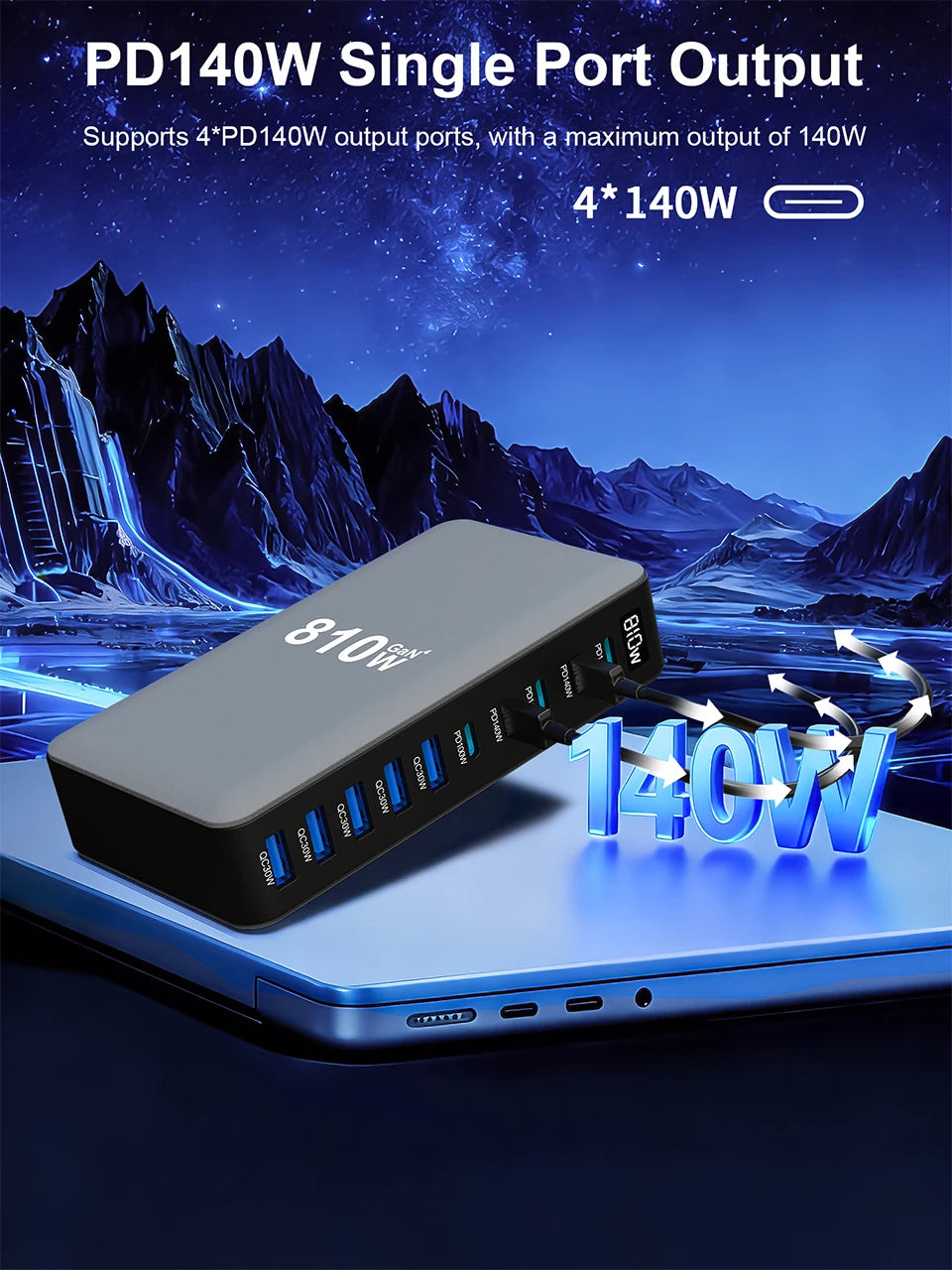 810W GaN Charger USB C Fast Desktop 10-port USB Type C PD3.1 Charger Fast Charging for iPhone Samsung Xiaomi Macbook