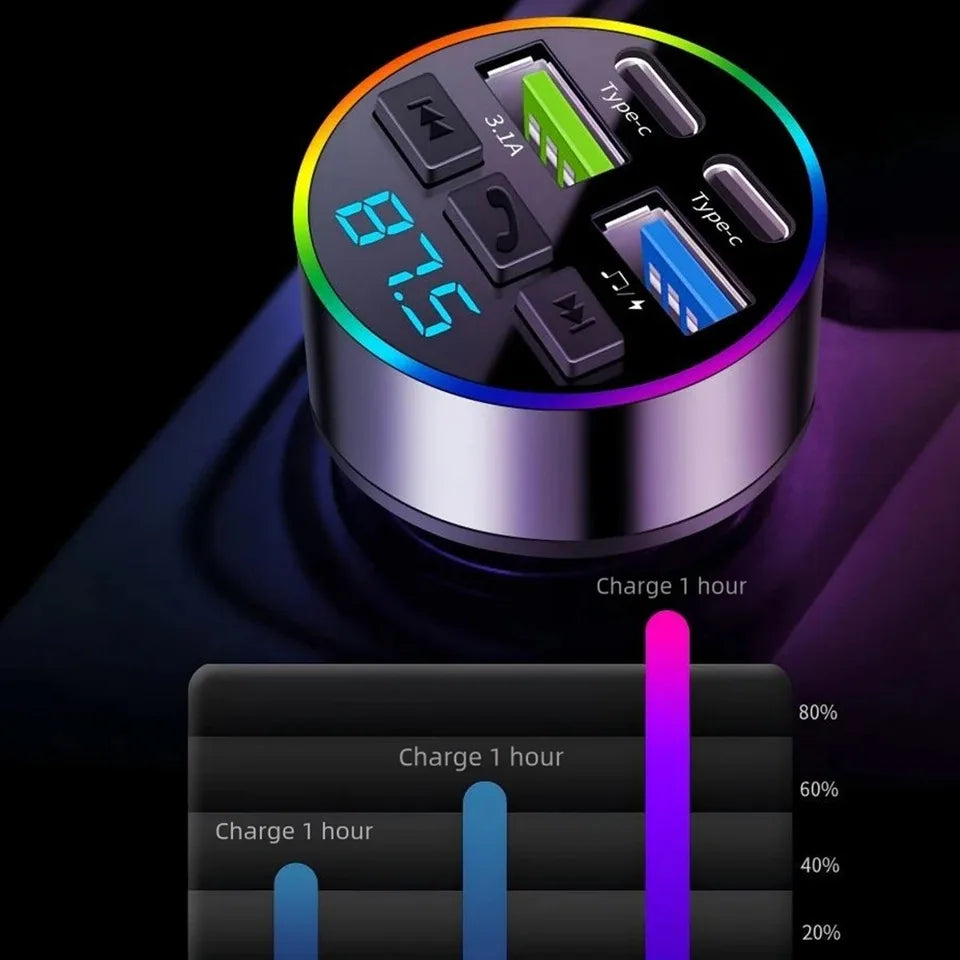 Bluetooth 5.0 FM Transmitter Car USB Quick Charge 4 Ports with Atmosphere Light Hands-Free Call And Music Input
