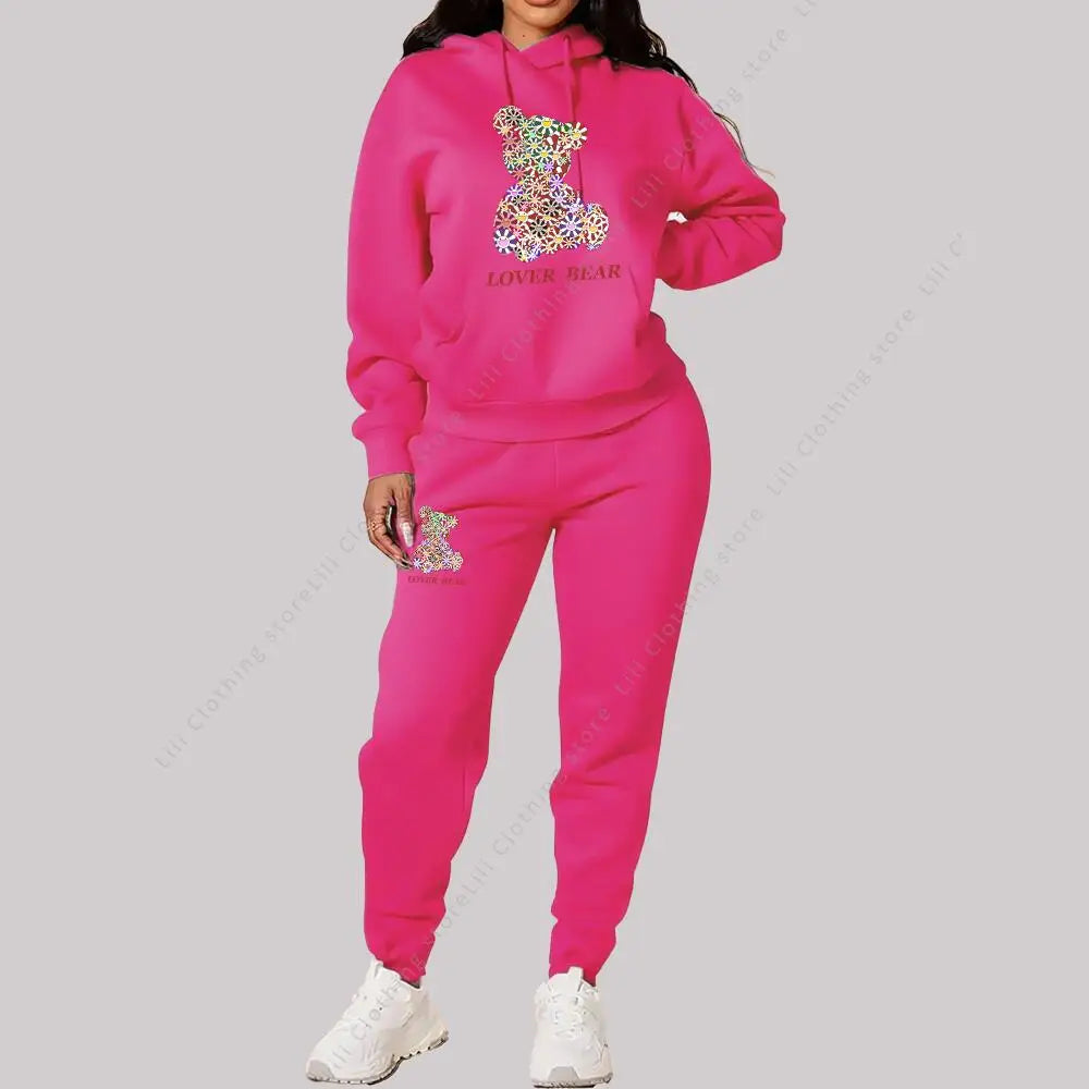 Women’s Hoodie and Sweatpants Set Casual Tracksuit Bear Graphic Outfit