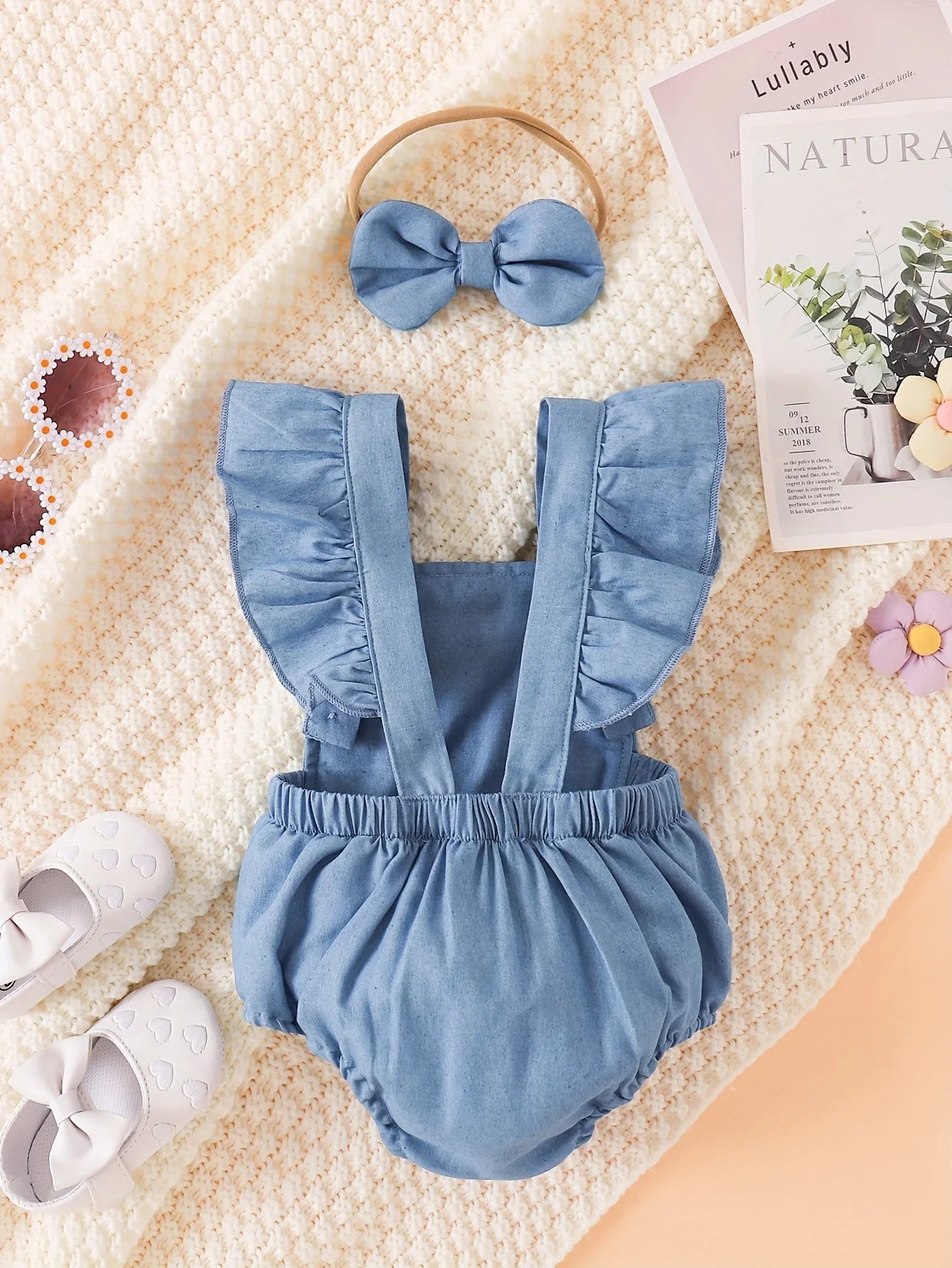 Baby Girl Soft Denim 3D Flower Embroidered Flutter Overall Romper + Bow Headband, Cute 2-Piece Outfit