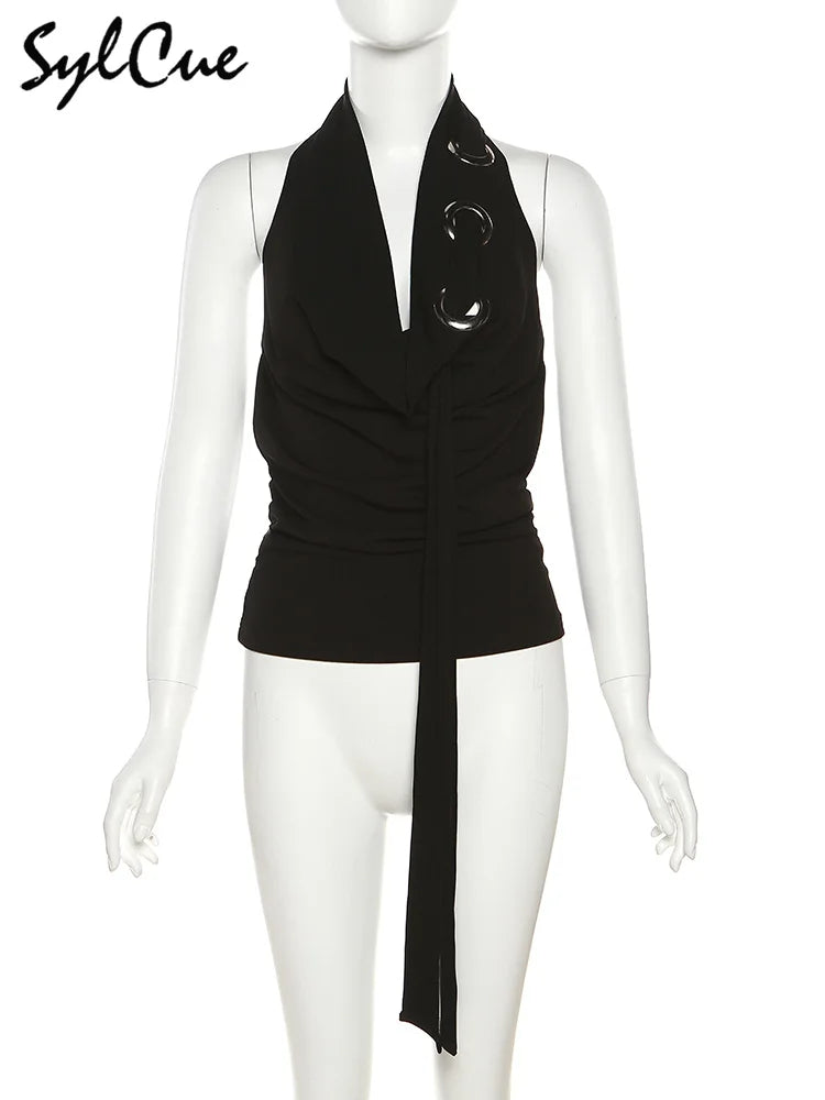 Sylcue 2023 Loose Casual All-match Simple Black Sexy Hot Confident Summer Travel Cool Soft Breathable Women's Halter Vest