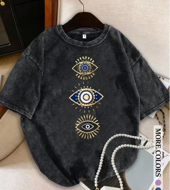 Women's Washed and Worn Summer T-shirt Three Gold Türkiye Evil Eye Printed Fashionable Piece Tops