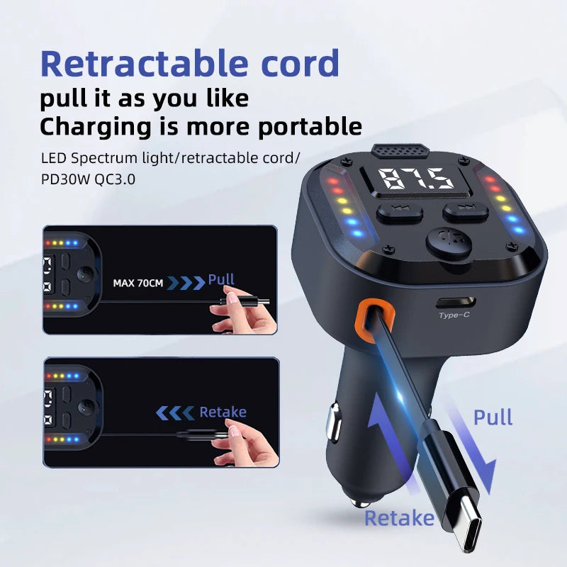 Bluetooth 5.3 FM Transmitter Handsfree Car AUX Radio Modulator MP3 Player with QC3.0 & PD30W Fast Charge Adapter Car Accessories