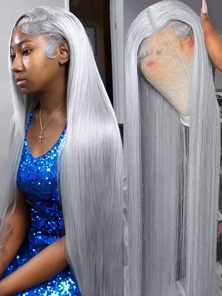 Silver Grey Straight Human Hair Wigs Brazilian 180% Density 13x6 HD Lace Frontal Colored Wig 36 Inch Pre Plucked With Baby Hairline For Women On Sale