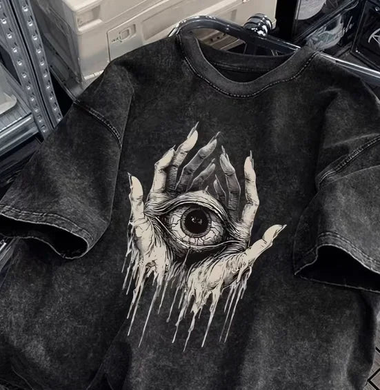 Women's Washed and Worn Summer T-shirt Three Gold Türkiye Evil Eye Printed Fashionable Piece Tops