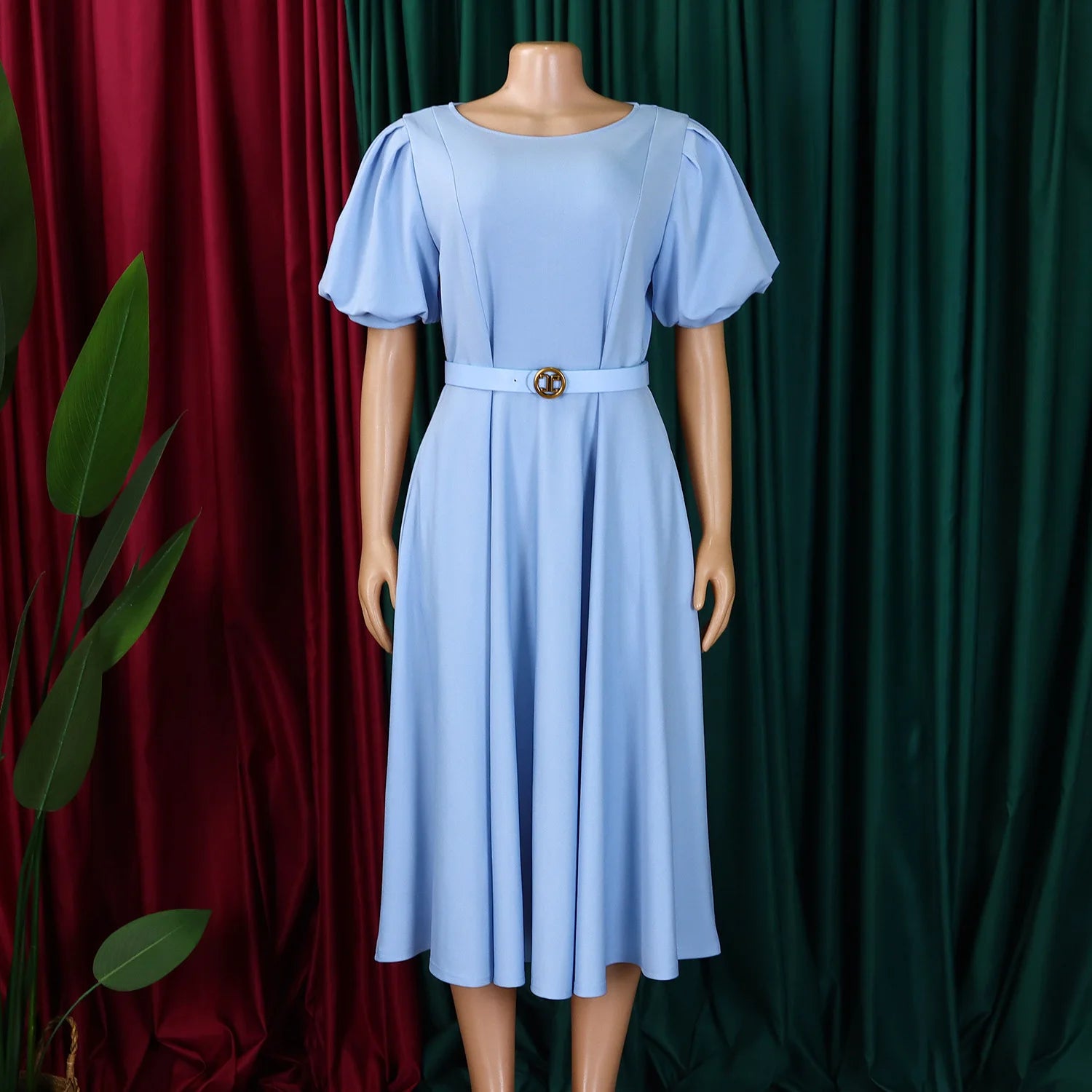 Women Fashion A Line Dress O Neck Short Puff Sleeves High Waist with Belts Flared Hem Elegant Office Party Church Causal Outfits