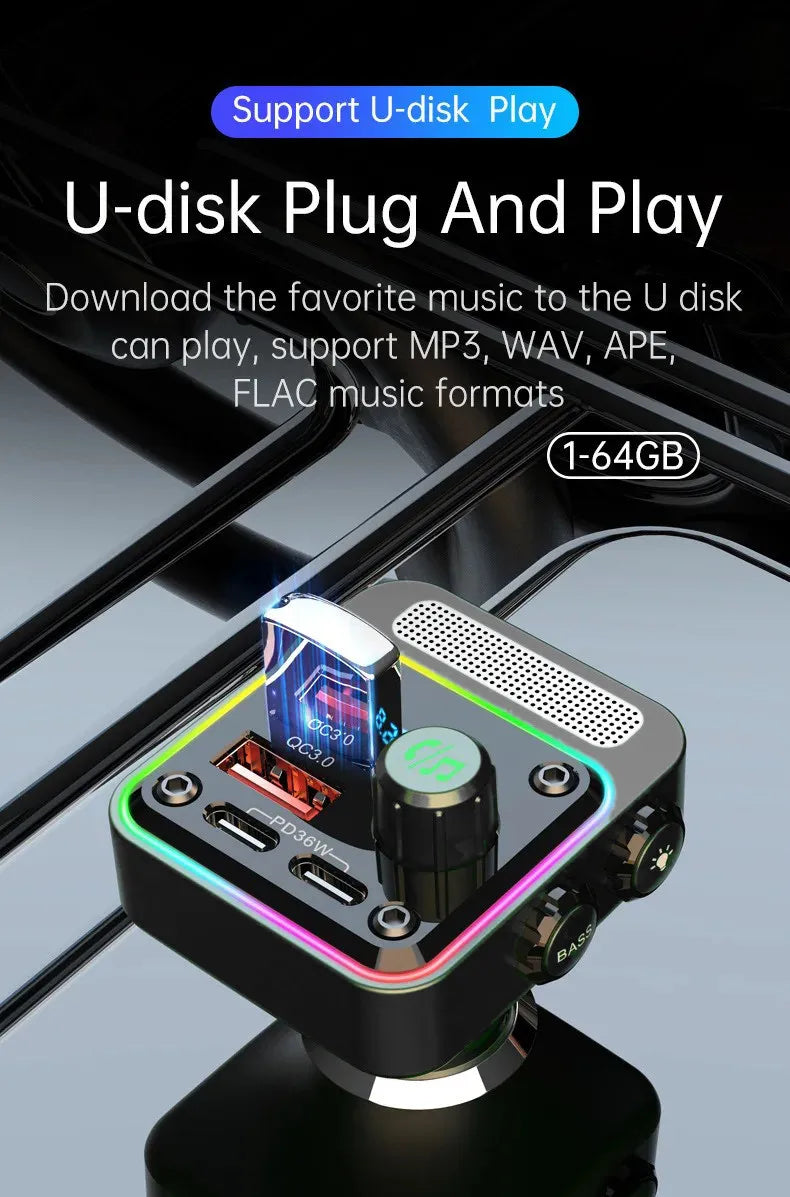 HM13X Car Bluetooth MP3 Player Dual PD 36W Fast Charge Lossless HIFI Music Car FM Transmitter Cigarette Lighter Charger Adapter