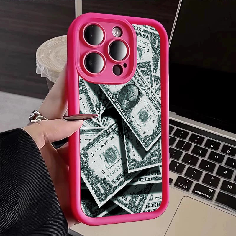 Pink Dollars Full-Coverage Banknote Design Silicone Phone Case For iPhone 17AIR 16 15 14 13 12 11PROMAX Cover