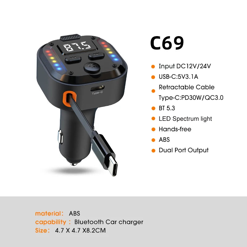 Bluetooth 5.3 FM Transmitter Handsfree Car AUX Radio Modulator MP3 Player with QC3.0 & PD30W Fast Charge Adapter Car Accessories