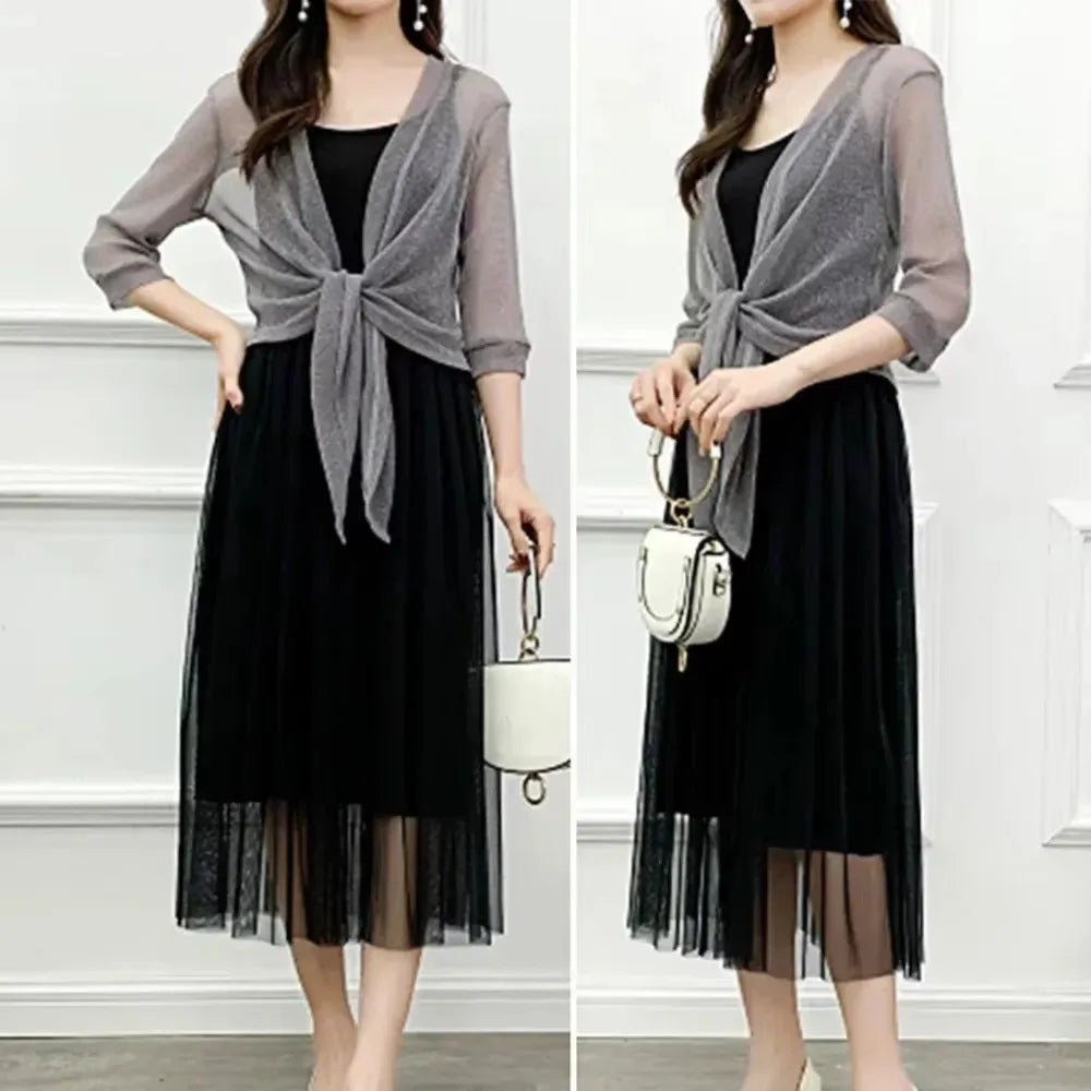 Women's Sparkling Lace-Up Cardigan Summer Sheer Cover Up Lightweight Loose Blouse Half Sleeve Beachwear Casual Glitter Jacket