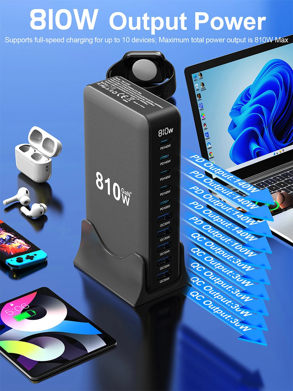 810W GaN Charger USB C Fast Desktop 10-port USB Type C PD3.1 Charger Fast Charging for iPhone Samsung Xiaomi Macbook
