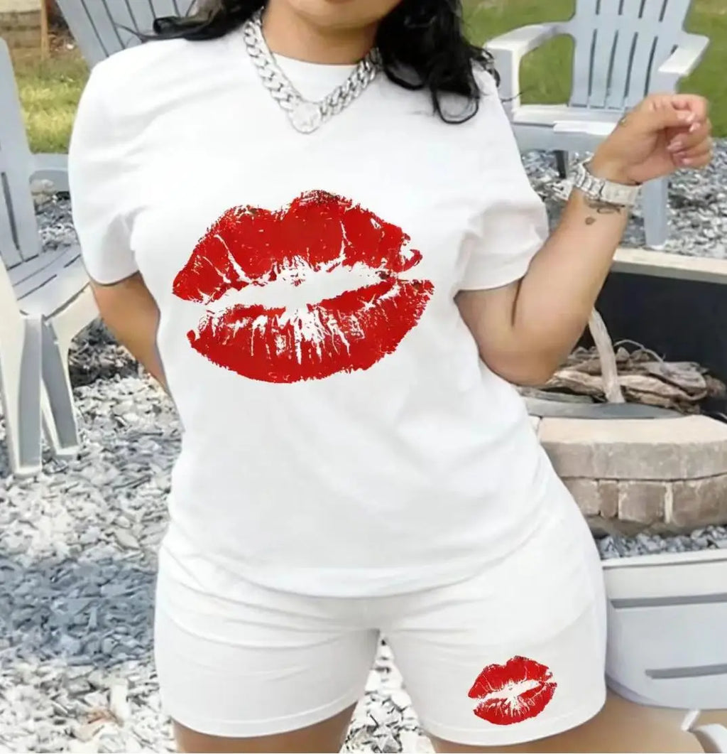 Women's 2-Piece Pajama Set Summer Short Sleeve T-Shirt & Shorts Red Lip Print Soft Cotton Loungewear Sleepwear