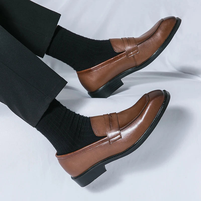 Fashion Penny Loafers Leather Men Shoes Simple Pointed Toe Slip On Dress Business Suit Casual Party Wedding Shoes For Man Brown