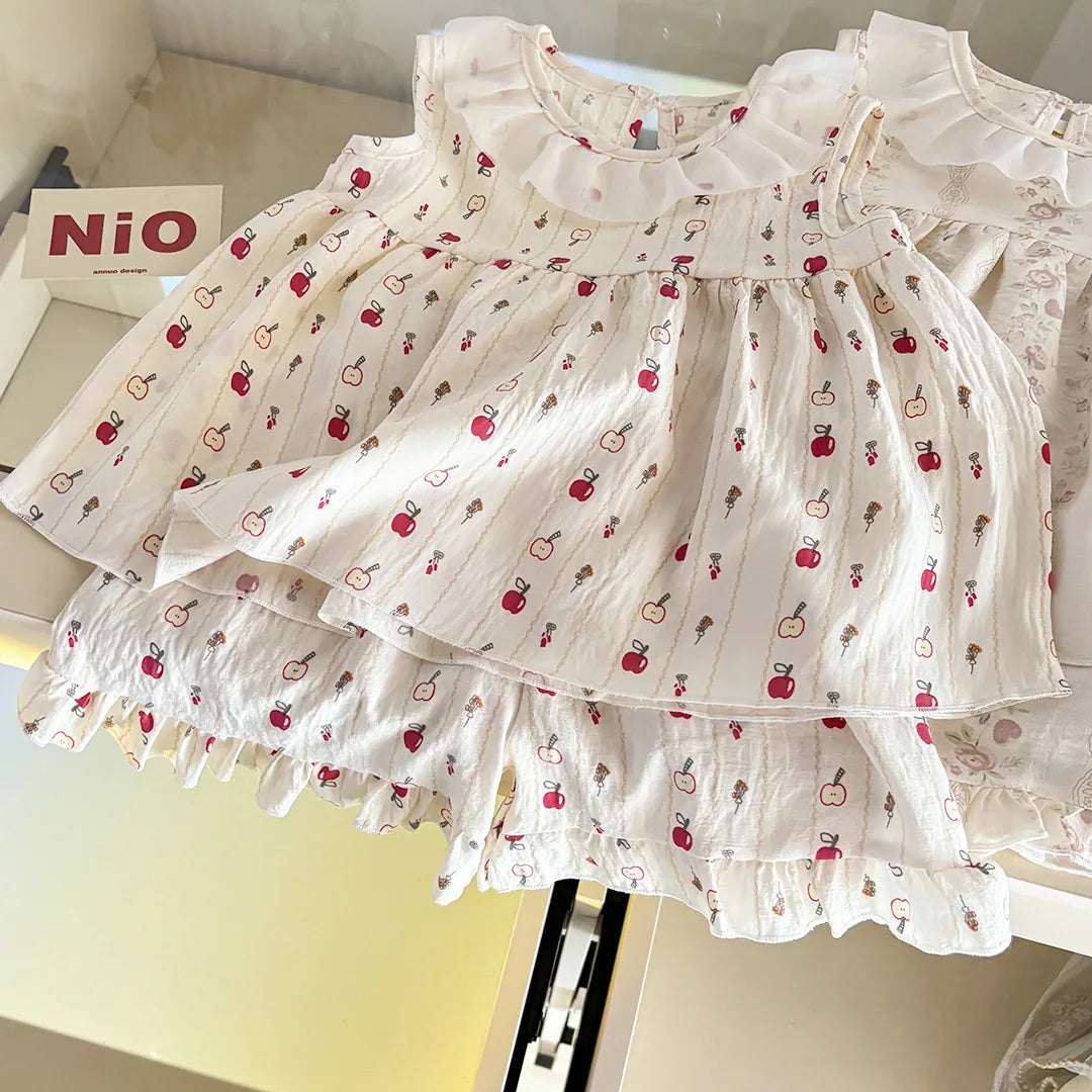 Two-Piece Set  Sleeveless Princess Dress with Floral Print, Summer Thin Outfit for Baby Girls Baby Girl Cute